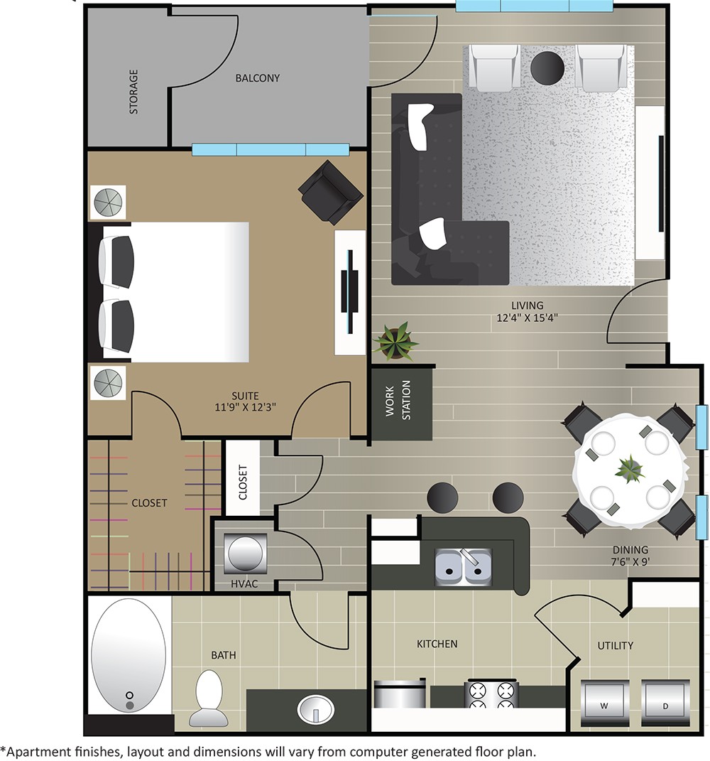 Floor plan for 1 bed, 1 bath, 759 sqft